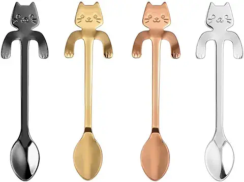 AYOMI 4 cucharitas de Acero Inoxidable, Diseño de Gatos, Ideales para Café, Postres, Bebidas, Mezclar o Batidos  