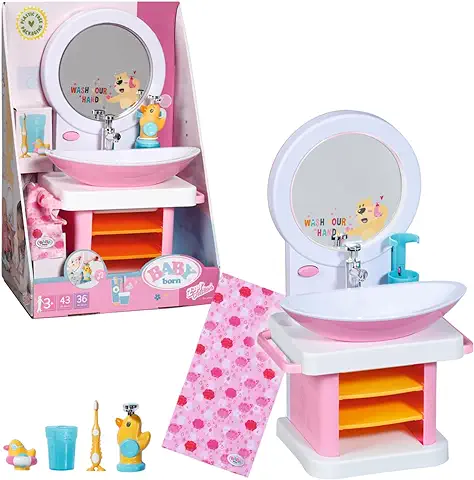 BABY Born Bath Lavabo 832707 - Accesorios de alta Calidad con Luces/efectos Sonoros - Incluye Cepillo de Dientes, Taza, Dispensador de Jabón, Tapón y Toalla - Se Necesitan Pilas - Edad: 3+ Años  