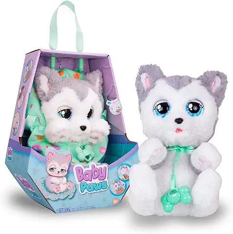 BABY PAWS Sleeping Puppies Husky- Peluche Interactivo con Sonidos que Abren y Cierran los Ojitos e Incluyen una Bolsita-Manta-Regalo óptimo para Niños y Niñas +3 Años  