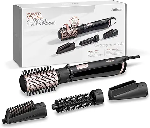 BaByliss AS200E Cepillo de Aire Rotatorio 1000 W, Iónico, Cepillo de Pelo con 4 Cabezales para Secar, Moldear, Alisar y dar Volumen, 2 Temperaturas + Aire Frío, 2 Sentidos de Rotación, Color Negro  