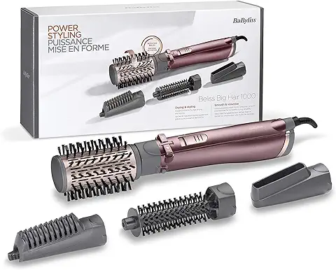 BaByliss AS960E Cepillo de aire Rotatorio 1000 W, Moldeador, 4 Cabezales: Seca, Alisa, Moldea y da Volumen, Tecnología Iónica, 2 Temperaturas, Aire Frío, 2 Sentidos de Rotación, Gris, 39.2  