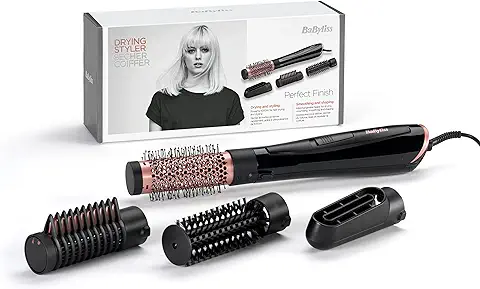 BaByliss Cepillo de Aire Caliente Perfect Finish AS126E, 1000 W, 4 Cabezales Intercambiables, Seca, Moldea, Alisa, Volumen, Tecnología Iónico, Pelo Suave, Brillante y sin Encrespamiento  