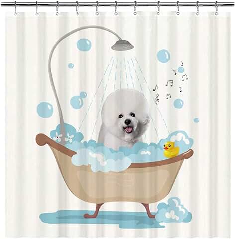 BAGEYOU Divertidas Cortinas de Ducha con Diseño de Perro Bichón Frise en el Baño, Lindo Cachorro Tomando una Ducha, tela de Poliéster Impermeable, Cortina de Baño de 66 x 72 Pulgadas, con 12 Ganchos  