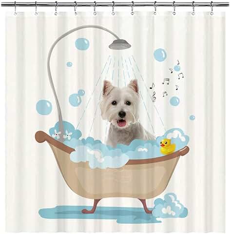 BAGEYOU Divertidas Cortinas de Ducha con Diseño de Perro Westie en el Baño, Diseño de Cachorro Tomando una Ducha, tela de Poliéster Impermeable, Cortina de Baño de 72 x 80 Pulgadas, con 12 Ganchos  