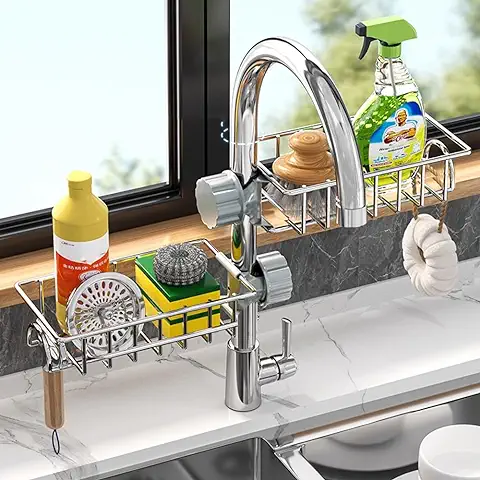 BAIEUEJO 2 Piezas Organizador de Fregadero de Acero Inoxidable,Sin Taladrar,Porta Esponjas de Acero Inoxidable,Sink Caddy de Acero Inoxidable,para Baño/Cocina  