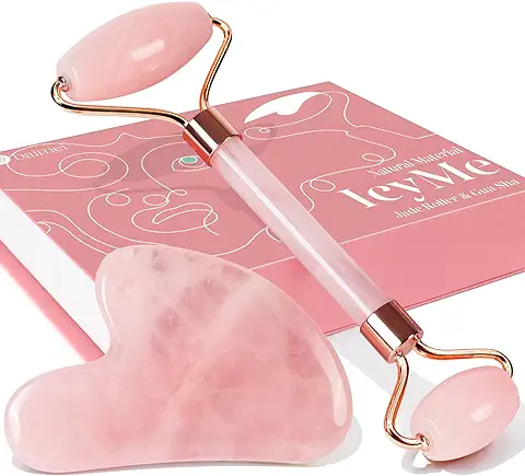 BAIMEI Gua Sha y Rodillo De Jade Regalo Set, Rodillo Cuarzo Rosa Skin Care Tool Por Mandar a Tu Madre, Rodillo Facial Lifting y Reafirma Rostro, Cuello, Gua Sha Reduce Arrugas y Masajea Ojos  