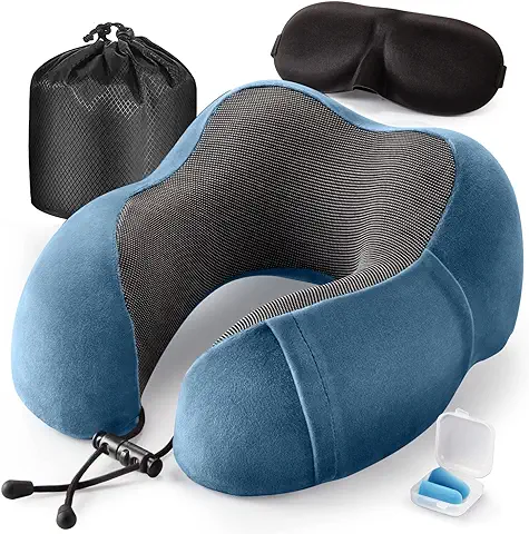 BalladHome Almohada de Viaje Viscoelástica de Espuma Almohada de Viaje para Cuello Cómodo Cojin de Viaje Cuello con Máscara de Ojos y Tapones para los Oídos para Viajes, Oficina y Aviones (Azul)-T  