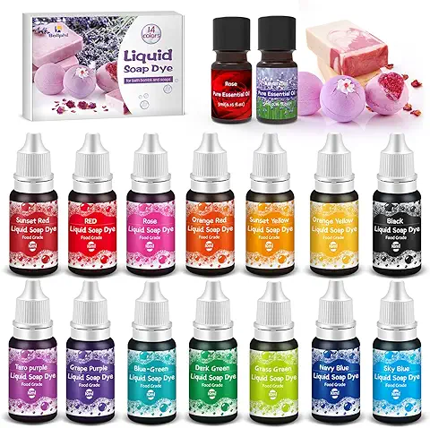 Ballphl Colorante Jabón,14 Colores Colorante de Bomba de Baño Líquido + 2 Aceites Esenciales Naturales,Tinte de Jabón para Kit de Suministros de Elaboración Jabon DIY,Bomba de Baño,Limo,Manualidades  