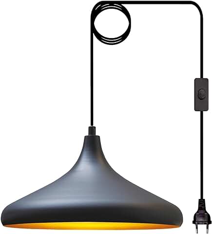 Bamyum Champion Lámparas de Techo 35 cm Negro, Lámpara Colgante Industrial Con Interruptor y Enchufe UE Regulable y Cable 4,5 M, Lámpara de Colgante, Lámpara Techo Colgante Vintage  