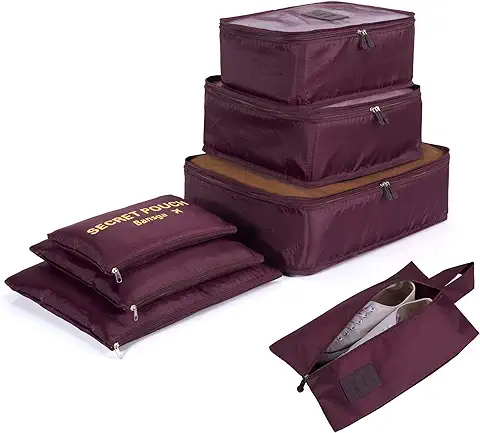 Bansga 7 Set de Organizador de Equipaje, Impermeable Organizador de Maleta Bolsa para Ropa Sucia de Viaje, Material Nylon（Wine Red）  