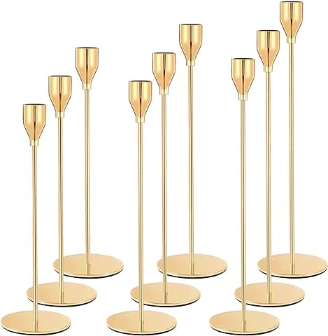 BARAKYEG Juego de 9 Portavelas Dorado,23/28/33 cm para de 2.2 cm de Velas Cónicas Sola Cabeza Portavelas Candelabro de Boda,Jardin Candelabros Retro Decoración de Mesa,Regalos Originales para Mujer  