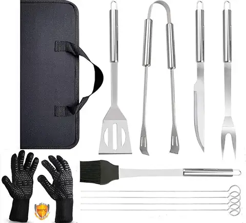 Barbacoa de Acero Inoxidable Utensilios 9piezas Kit+Guantes de Barbacoa, Herramientas de Barbacoa Set con Bolsa de Oxford,Oven Gloves Resistencia Térmica Hasta1472°F,para Cocina, Horno, Chimenea.  