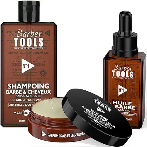 ✮ BARBER TOOLS ✮ Kit de Barba Cosmética - Oil para Barba 30ml + Bálsamo para Barba - 30ml + Champú para Barba 80ml | Para el Mantenimiento y Cuidado de la Barba - MADE IN FRANCE  