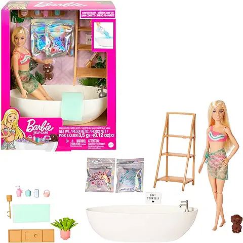 Barbie Bienestar Muñeca Rubia con Bañera, Confeti que Cambia de Color el agua y Accesorios de Baño, Juguete +3 Años (Mattel HKT92)  