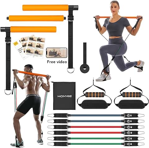 Barra de Pilates, Hommie Barra de Resistencia Ajustables y Removibles con 6 Diferentes Gomas Elasticas, Barra Pilates para Musculación en Casa y Gimnasio, Entrenamiento de Fuerza para Hombre y Mujer  