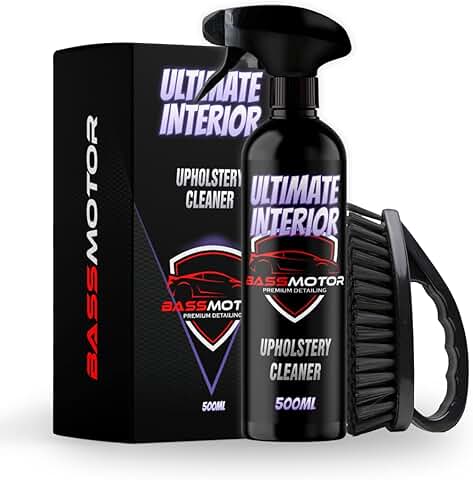 BassMotor Limpia Tapicería Textil y Alcántara para Asientos y Alfombrillas Coche, Limpiador Interior de Coches Espuma con Cepillo Incluido Uso Fácil Aroma a Nuevo - Ultimate Interior 500ml + Bayeta  