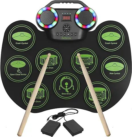 Batería Electrónica E-Drum Kit, Bonvvie Tambor Digital Enrollable Portátil Recargable con 9 Pads, MIDI, DTC, Altavoces Integrados, Ideal para Niños, Estudiantes, Principiantes, Entusiastas  