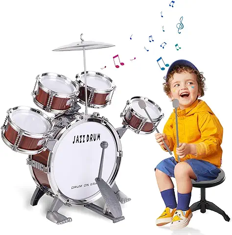 Batería Infantil Jazz,Batería Musical Niños para 5 Tambores Percusión con Taburete,Jazz Rock Cumpleaños Musical Educativos de Navidad Regalo Ideal para Niños a Partir de 3 Años  