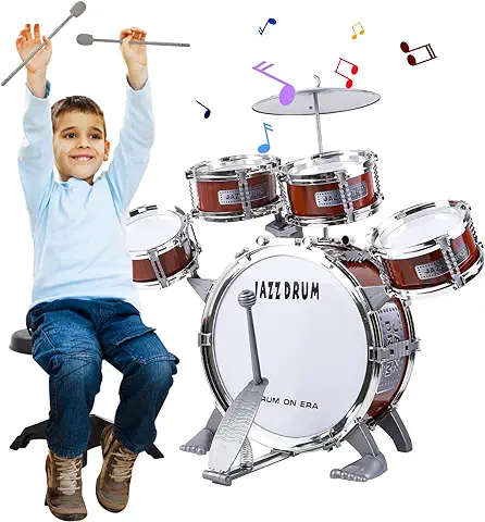 Bateria Musical Niños, Bateria Infantil Jazz Instrumento Percusión con 5 Tambores 1 Platillo 2 Baquetas y Taburete - Musical Educativos Regalo de Navidad para Niños y Niñas de 3 Años, Rojo  