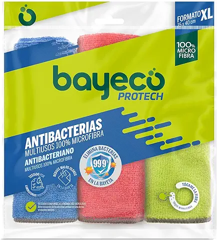 Bayeco - Bayeta Copptech Antibacterias - 100% Microfibra - Tecnología Que Elimina 99,9% de Bacterias - Pack Multiusos 3 Unidades & Bayeta Cristales y Baños - Solución Espejos- 1 Unidad  