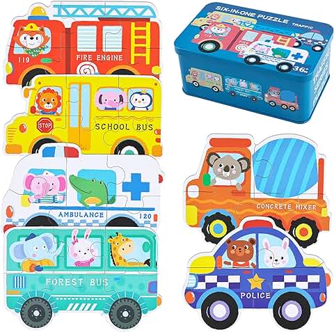 BBLIKE Juguetes Montessori Puzzle Infantil para Niños, Puzle de Madera, 6 Pack Rompecabezas Puzzle Juguetes Bebes para Niños de 1 2 3 4 5 Años Montessori Educativos Regalos 3D Patrón Puzles (Bus)  