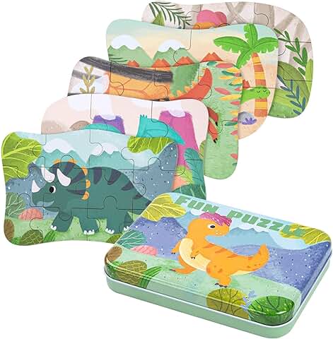 BBLIKE Puzzle Infantil de para Niños Rompecabezas de Animales, Puzle de 5 Imágenes, Adecuado para Niños y Niñas a Partir de 3, 4 y 5 Años (Dinosaurio)  