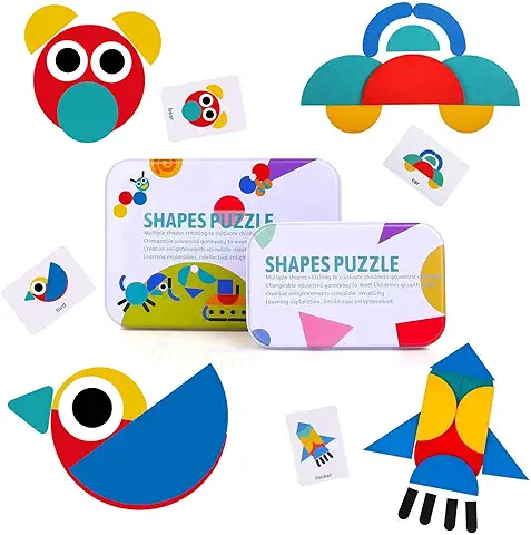 BBLIKE Tangram Madera, 36 Montessori Puzzle de Madera + 60 PCS Diseño Tarjetas de Apilamiento Juegos y Juguetes Educativos Clasificación de la Infancia  