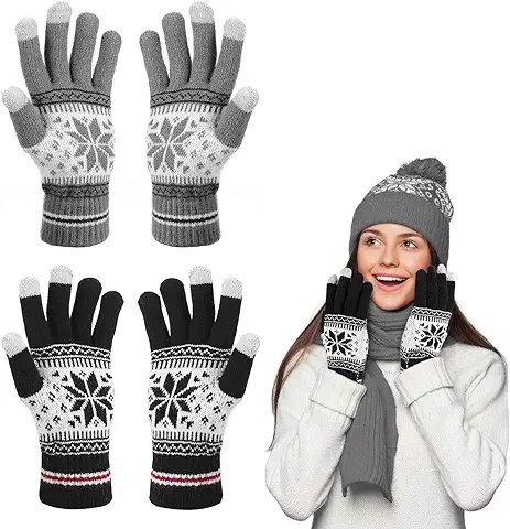 Bearbro Guantes de Pantalla Táctil de Invierno Impresión de Flores, 2 Pares de Mujeres Guantes para Pantalla Táctil Guantes de Punto Estirables Navidad Guantes para Iphone Ipad PC  