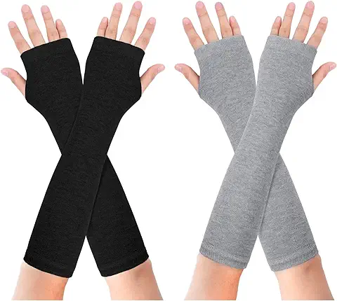 Becellen 2 Pares Guantes Largos sin Dedos, Guantes Invierno Termicos Mitones Calentadores Brazo Codo con Agujero Pulgar para Mujeres Hombres  