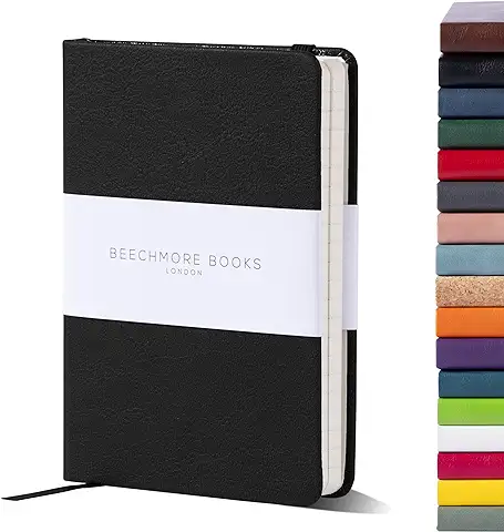 Beechmore Books Cuaderno de Bolsillo Rayado - A6, Negro I Libreta Tapa Dura Cuero Vegano, Papel 120gsm Crema Rayado, Caja de Regalo, para Escritores, Diaristas, Reuniones de Negocios y Estudiantes  