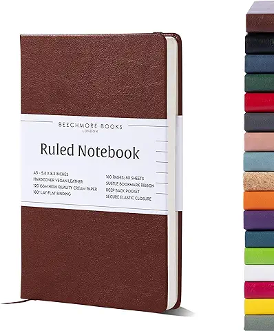 Beechmore Books Cuaderno Rayado - A5, Marrón I Libreta Tapa Dura Cuero Vegano, Papel Grueso 120gsm Crema Rayado, Caja de Regalo, para Escritores, Diaristas, Reuniones de Negocios y Estudiantes  