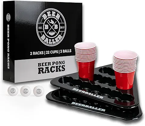 BEERBALLER® Racks - Beer Pong Set Incl. 2 Beer Pong Racks, 22 Beer Pong Cups & 3 Beer Pong Balls | ¡Convierte Cualquier Mesa en una Mesa de Beer Pong! | Juego de Beber Gadgets para Fiestas  