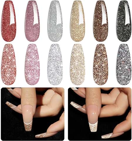 Beetles gel Polish Esmaltes Semipermanentes para Uñas, 6 Colores Reflective Glitter Esmalte de Uñas en Gel, Flash Diamond Sliver Gold Black Red UV LED Soak Off Manicure Kit para Mujeres  