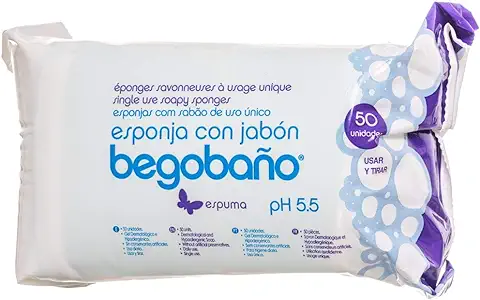 Begobaño Esponja Jabonosa Desechable. Esponja de Baño de Un Solo Uso con Gel Dermatológico e Hipoalergénico. 50 Unidades  