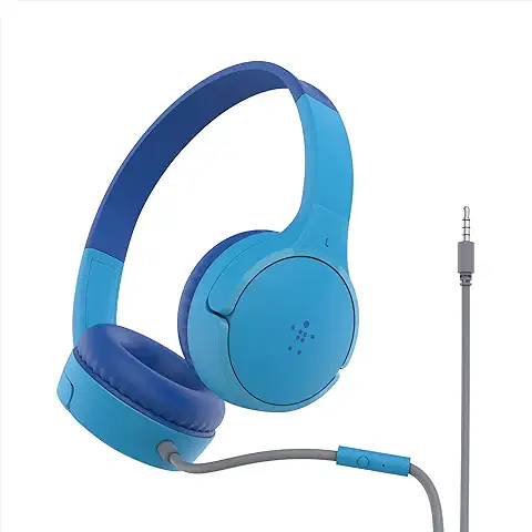 Belkin Auriculares Supraaurales SoundForm Mini para Niños, Cascos Externos con Micrófono, Enseñanza Virtual, Colegio, Viajar, Jugar, para Dispositivos Compatibles con Puerto de 3,5 mm, Azul  