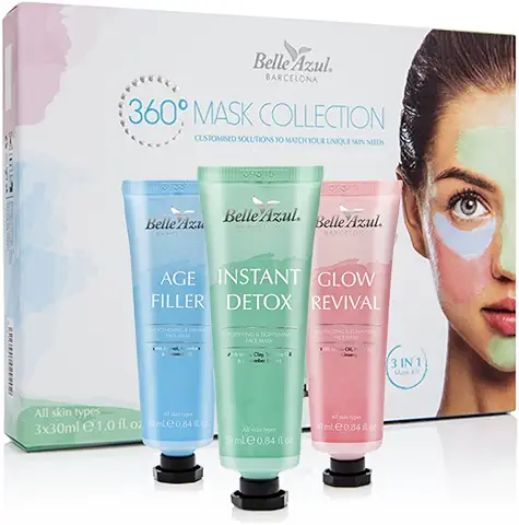 Belle Azul Mask Collection - Kit de 3 Mascarillas Faciales - Ilumina, Desintoxica y Reduce Arrugas - Triple Acción con Manteca de Karité / 3x30 ml - Textura Perfecta - Hecho en España  