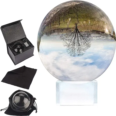 BELLE VOUS Bola de Cristal K9 80mm - Bola Cristal Fotografia 8cm Base de Cristal, Bolso Terciopelo, Paño Microfibra y Caja de Regalo - Esfera Lente Transparente Decoración Oficina, Meditar, Curación  