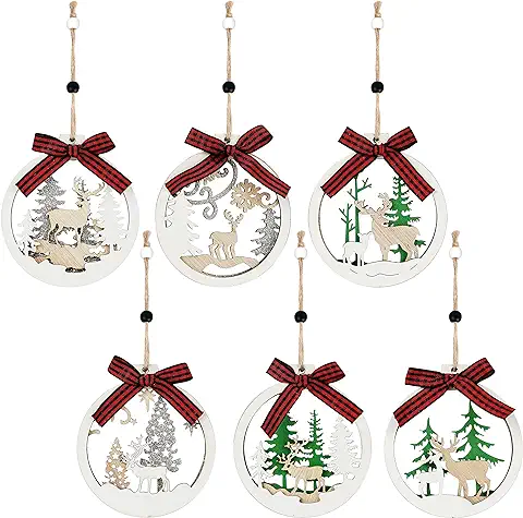 Belle Vous Pack de 6 Adornos Navidad de Madera para el Árbol - Decoracion Navidad Tema Invierno - Rústico para Colgar Cinta - Adornos Navideños Papá Noel, Muñeco de Nieve, Reno - Set para Manualidades  