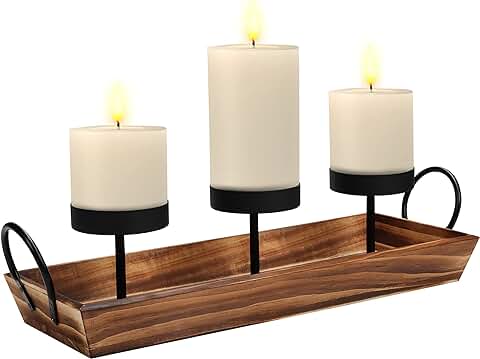 Belle Vous Porta Velas 3 Pilares Negros de Metal con Base de Madera - Candelabros Decorativos para el Hogar, Sala de Estar, Decorar Bodas y Navidad - Portavelas Decoracion Rústica  