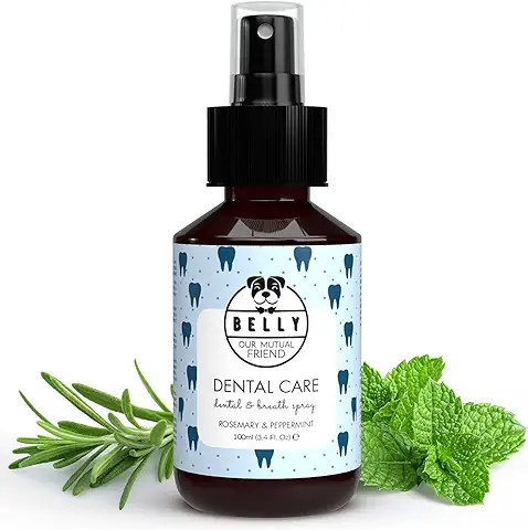 Belly Spray Dental Perros con Aceite de Menta y Romero - Enjuague Bucal Perros para Mal Aliento de Perros - Eficaz Spray Anti Sarro Perros - Práctica Alternativa a Pasta de Dientes para Perros, 100ml  