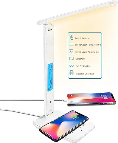 BelonLink Lámpara Escritorio LED, Carga Inalámbrica Wireless y Puerto USB, Flexo de Lectura con 3 Modos y 5 Niveles de Brillo, Control Táctil y Temporizador, (Blanco) [Clase Energética A+++]  