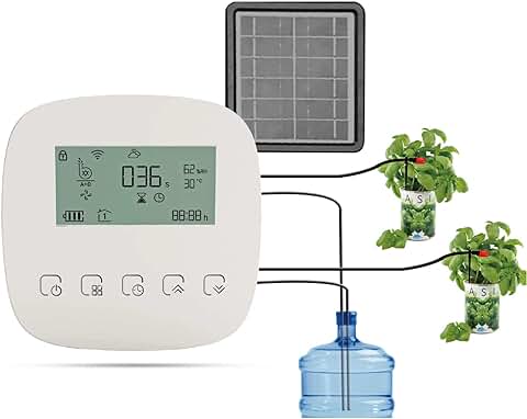 Benkeg Sistema de Riego Automático Dispositivo de Riego Inteligente Sistema de Bomba Dual WiFi/Voz/Control Manual Tiempo de Riego Programable Batería Incorporada Panel Solar/Carga USB Compatible co  