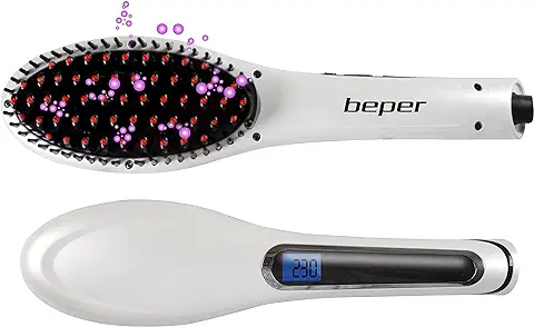 BEPER 40.926 Cepillo Alisador 2 en 1 Cerámica, Tecnología Iónica, Pantalla LCD, Temperatura Ajustable, Cable Giratorio de 360 °, Cabello Sedoso sin Frizz, Blanco  