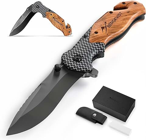 BERGKVIST® K19 Cuchillo Plegable con Mango de Madera y Aleación de Titanio para Exteriores y Supervivencia - Navaja de Bolsillo 3 en 1 con Rompecristales y Cortacinturones  