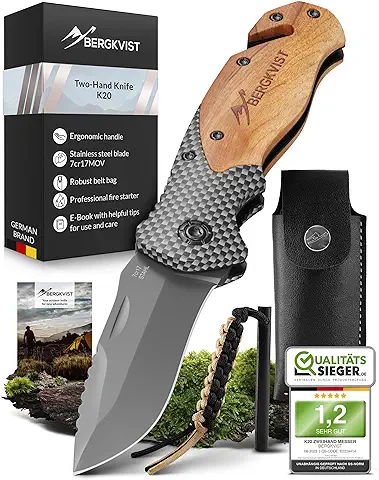 BERGKVIST® K20 Cuchillo Plegable (navaja de dos Manos) con Mango de Madera y Aleación de Titanio - Navaja de Bolsillo 3 en 1 con Rompecristales y Cortacinturones  