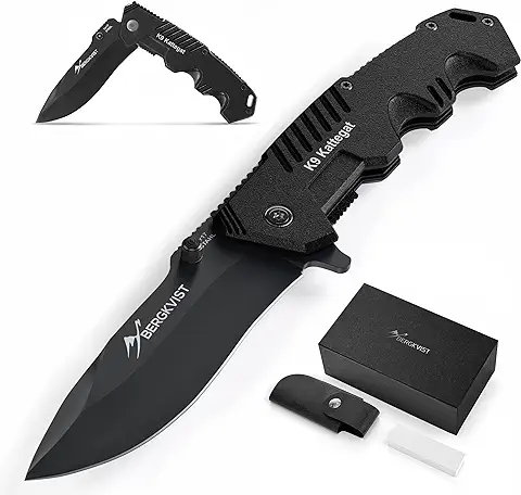 BERGKVIST K9 Cuchillo Plegable - Navaja Multiusos Afilada para la Supervivencia o la caza - con hoja de Acero Inoxidable Negro, Piedra de Afilar y Funda para el Cinturón  