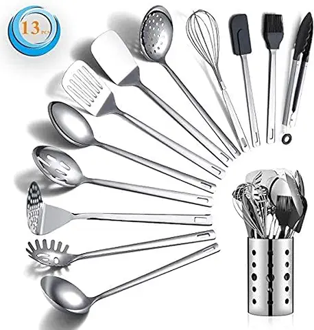 Berglander Juego de Utensilios de Cocina de Acero Inoxidable, 13 Cucharas de Cocina con Soporte para Utensilios, Antiadherente y Resistente al Calor, Apto para Lavavajillas (13 Paquetes)  