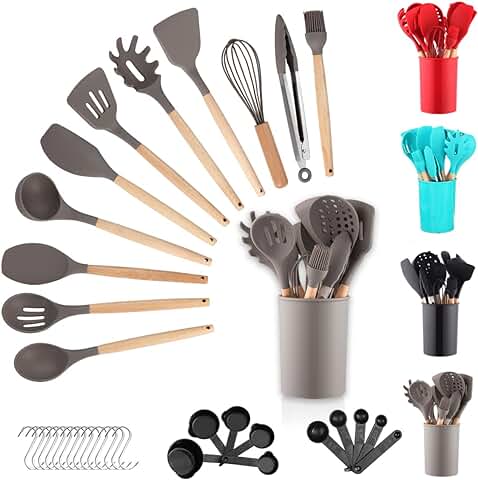 Berglander Juego de Utensilios de Cocina de Silicona 38 Piezas con Mango de Madera Herramientas con Ganchos Multiusos y Soporte para Utensilios (Gris)  