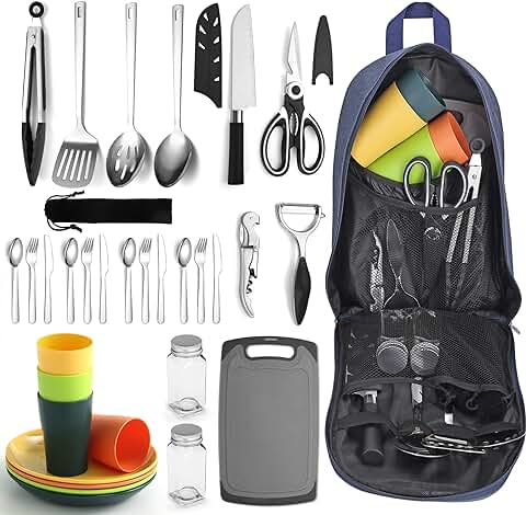 Berglander Juego de Utensilios de Cocina para Camping con Juego de Cubiertos y Plato, Tazas Vajilla, Camping Accesorios Camper, Utensilios de Cocina para Acampada, para Picnic, Barbacoa y Camping  