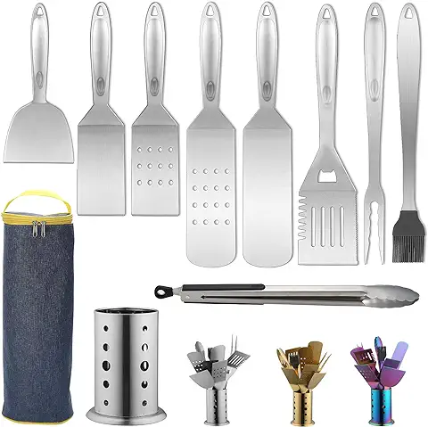 Berglander Utensilios Barbacoa Kit 10 Piece de Acero Inoxidable, BBQ Accesorios Barbacoa, Mango de Acero Inoxidable, sin Fusión y Resistente al Calor  